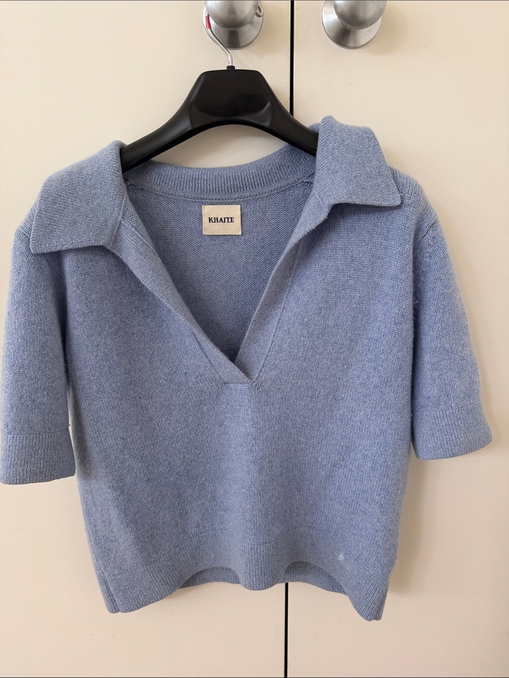 KHAITE Powder Blue Short-Sleeve V-Neck Polo Sweater